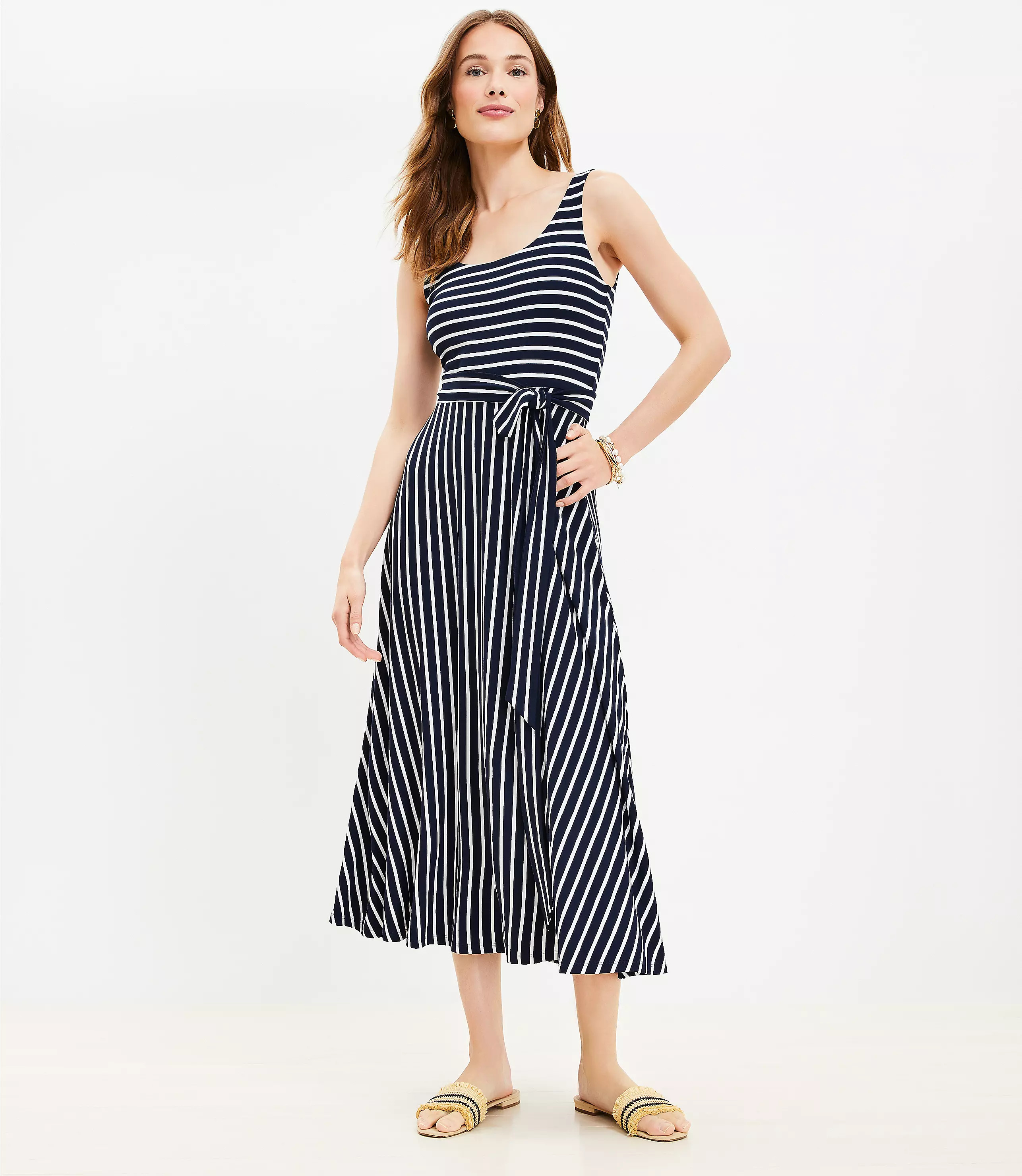Petite Striped Scoop Neck Midi Dress | LOFT