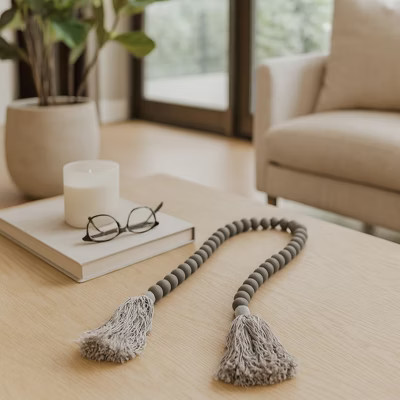 Modern Handcrafted Boho Wooden Beads with Soft Tassels - Rustic Decorative Accent Perfect for Bedroom, Bathroom, Coffee Table, and Shelf - 1" Gray | Target