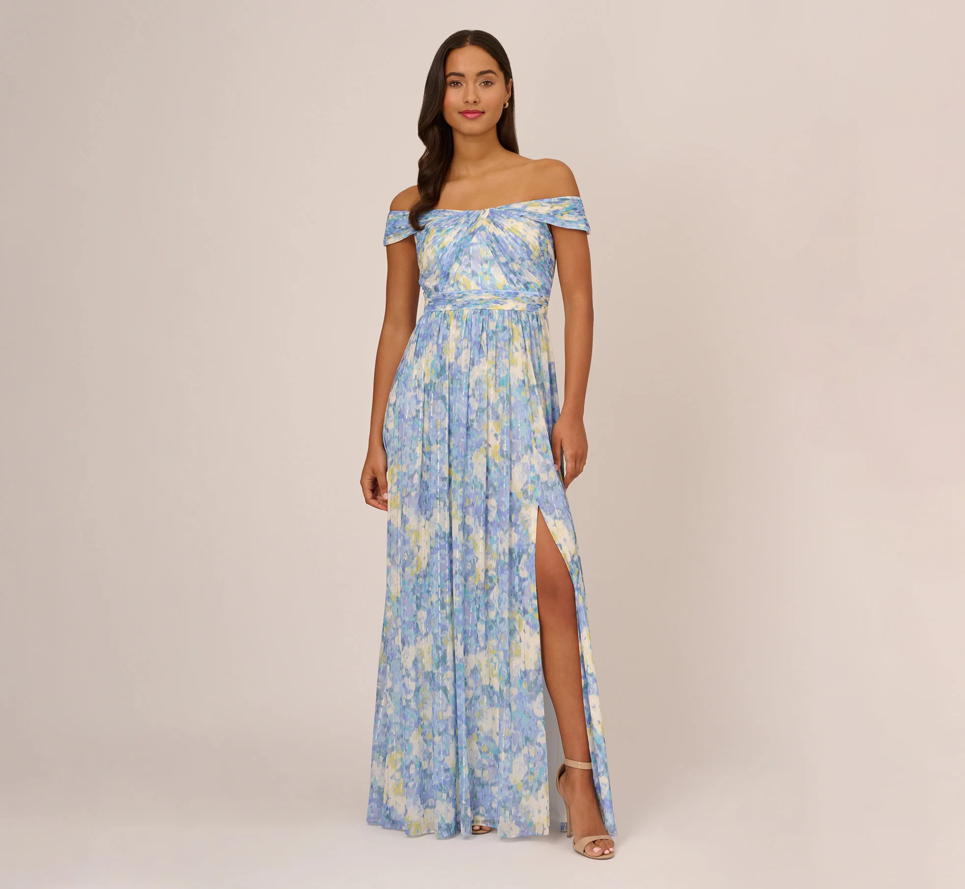 Watercolor Floral Print Gown With Off The Shoulder Neckline In Blue Multi | Adrianna Papell