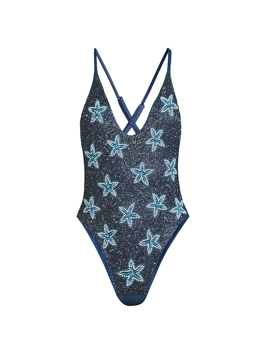 Women's Starfish Embroidered One-Piece Swimsuit - Blue - Size Large | Saks Fifth Avenue