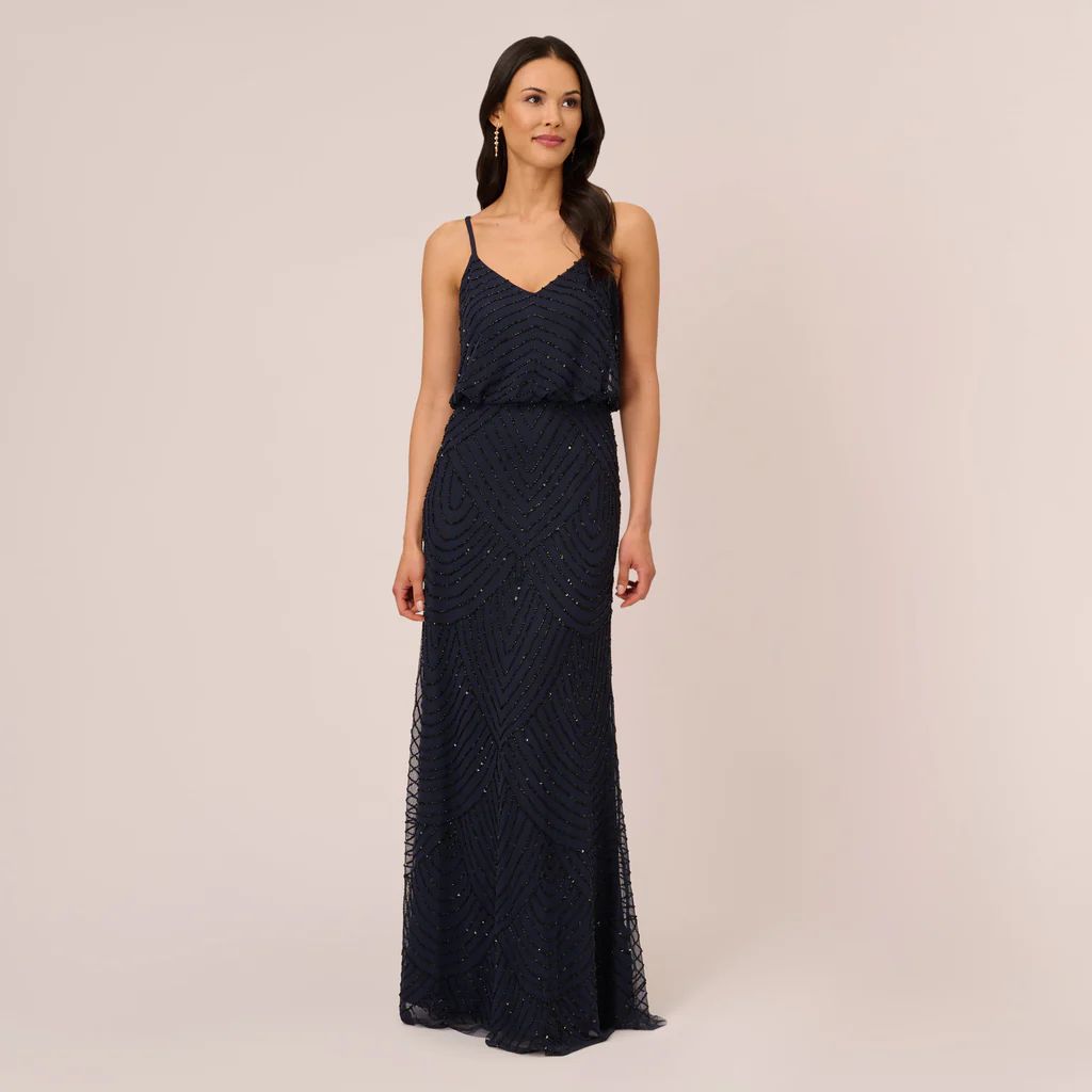Art Deco Beaded Blouson Gown In Navy Black | Adrianna Papell