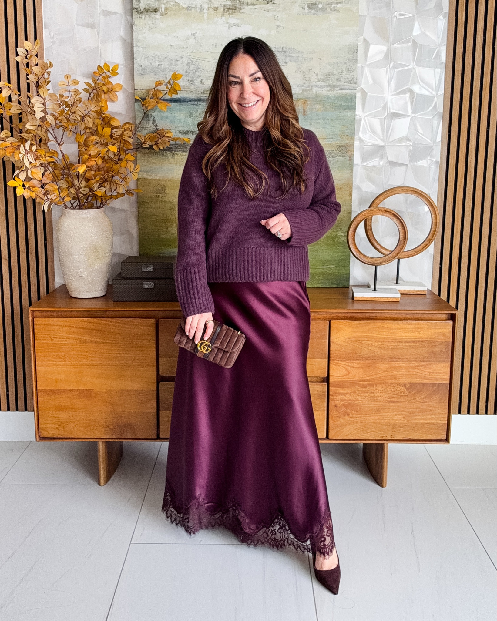 LOVE this color for fall 🍷 The cozy sweater paired with the lace-trim satin skirt makes such a pretty mix of textures, and the head-to-toe plum feels so chic. Perfect for date night or a fall event! Wearing sweater tts, L | skirt, L - linking affordable options too 

 #LTKSeasonal #LTKOver40 #LTKMidsize