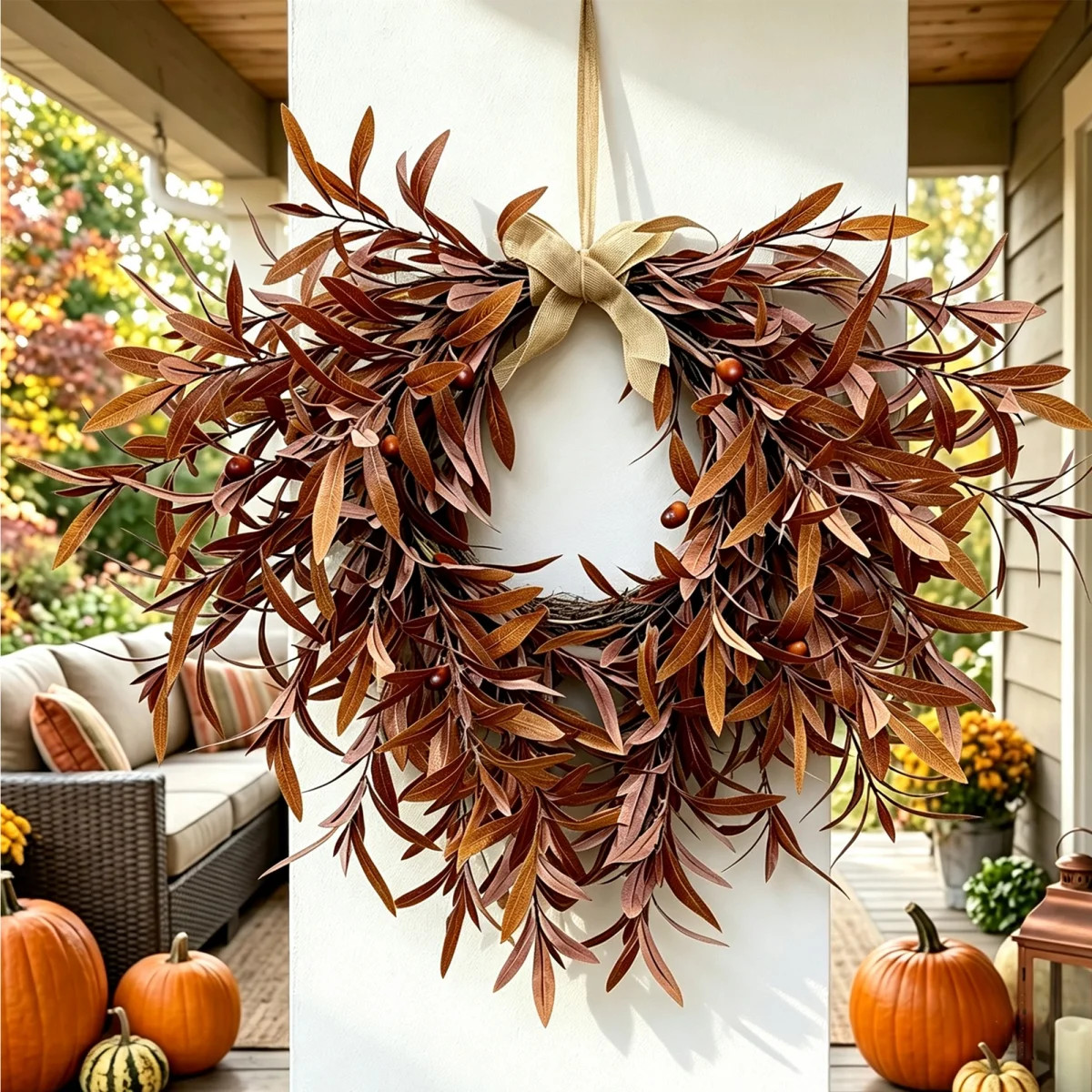 22 Inch Artificial Fall Olive Branch Wreath with Berries & Linen Bow, Rustic Farmhouse Autumn Fro... | Wayfair North America