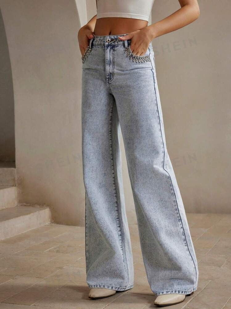Anewsta Jeans rectos de pierna suelta con lavado y decoración de strass | SHEIN