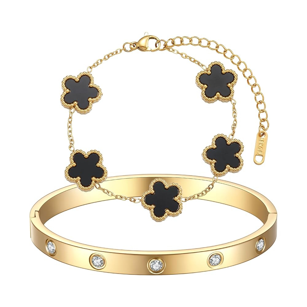 18K Gold Plated Clover Bracelet Love bangle Set for Women - Stack Friendship Bracelet Lucky Link ... | Amazon (US)