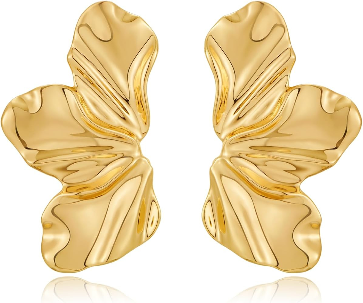 Chunky Gold Statement Earrings For Women Gold Plated Sectored Flower Leaf Shell Angel Wing Earrin... | Amazon (US)