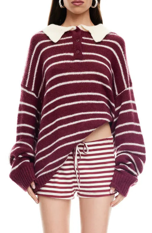 LIONESS Rising Sun Stripe Polo Sweater in Crimson at Nordstrom, Size X-Small | Nordstrom