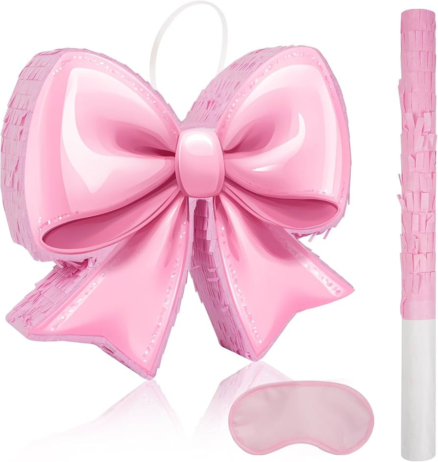 Pink Bow Piñata - Watercolor Pink Bow Piñata with Blindfold and Bat for Girls Kids Pink Bows Bi... | Amazon (US)