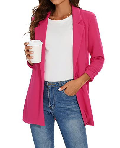 Unifizz Womens Casual Blazers Button Front 3/4 Sleeve Work Office Lightweight Jackets Blazer #Hot Pink,Size M# | Amazon (US)