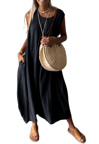 chouyatou Women's Summer Sleeveless Linen Tank Dress Casual Loose A-Line Midi Long Beach Dress (Small, Black) | Amazon (US)
