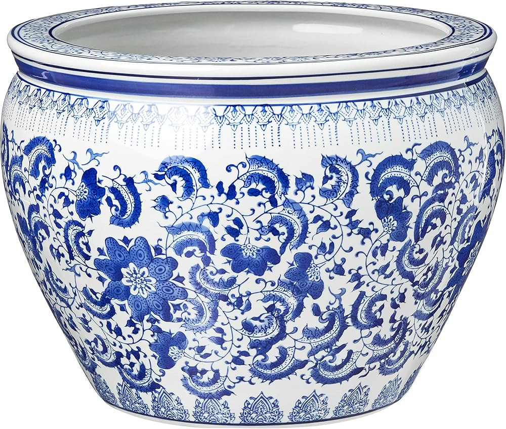 Oriental Furniture 16" Floral Blue & White Porcelain Fishbowl | Amazon (US)