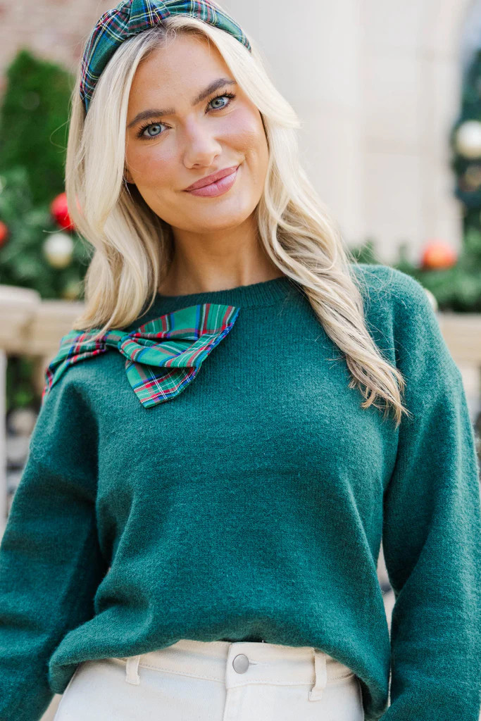 Sweet As Ever Emerald Plaid Bow Sweater | The Mint Julep Boutique