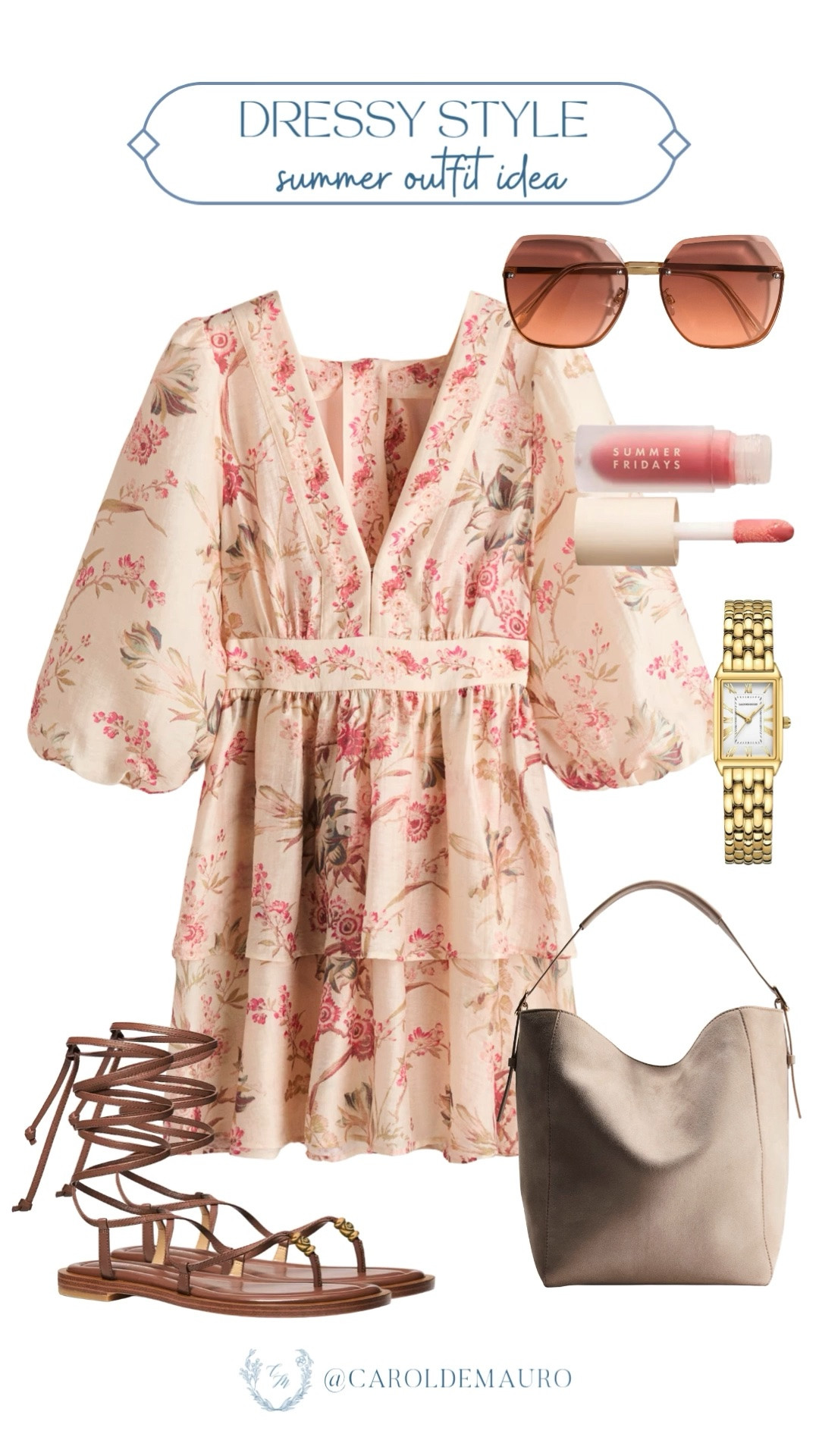 Put together the ultimate chic look for when you want to feel a little dressier this summer without sacrificing comfort! Obsessed with this floral puff-sleeve dress styled with strappy lace-up sandals, a neutral shoulder bag, oversized shades, a gold watch, and a glossy pink lip.

dressy look, casual chic, summer outfit, outfit inspo, brunch date, feminine style, classic look, vacation wardrobe

#LTKSeasonal #LTKU #LTKootd