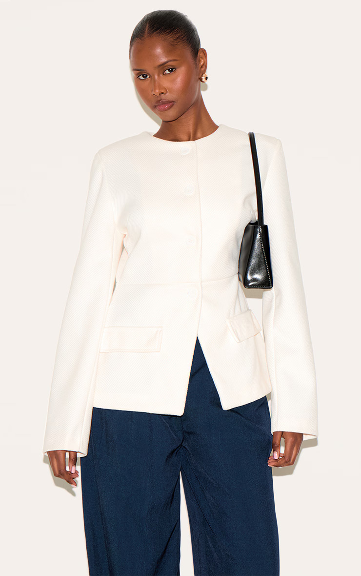 Cream Button Up Longline Collarless Blazer | PrettyLittleThing UK