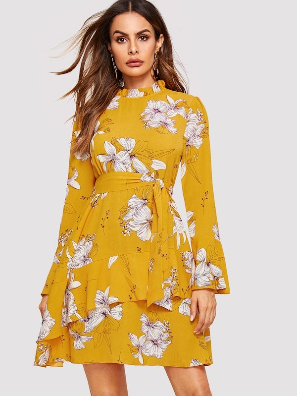 SHEIN Frilled Neck Self Belt Ruffle Floral Dress | SHEIN