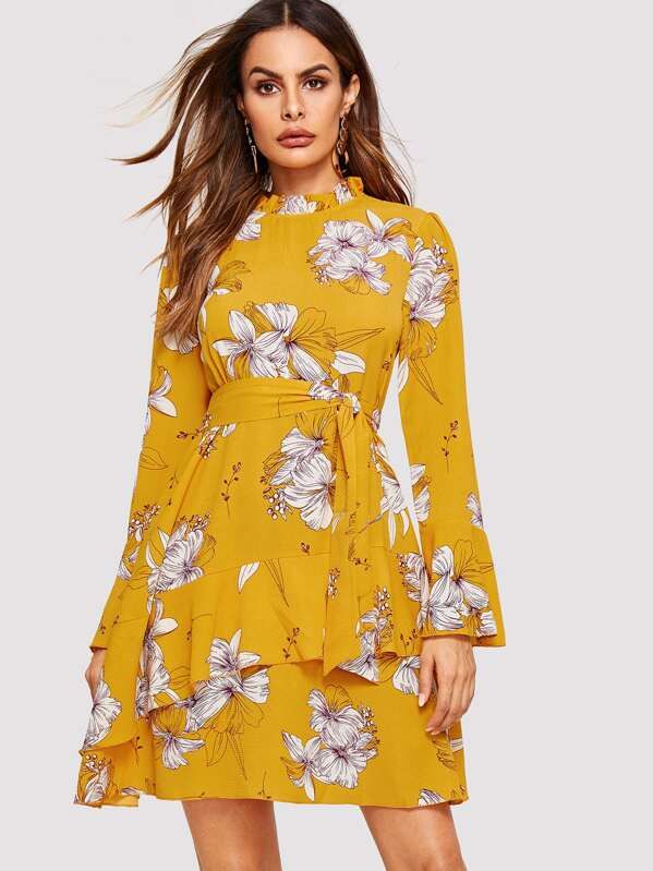 SHEIN Frilled Neck Self Belt Ruffle Floral Dress | SHEIN