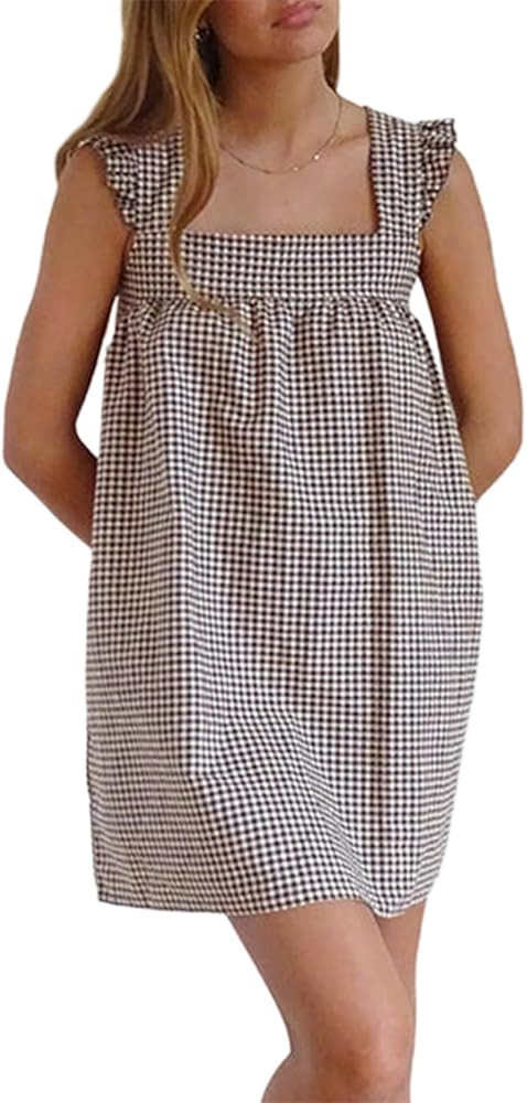 NUFIWI Y2K Ruffle Hem Babydoll Mini Dresses Square Neck Spaghetti Strap Short Dresses Boho Flowy ... | Amazon (US)