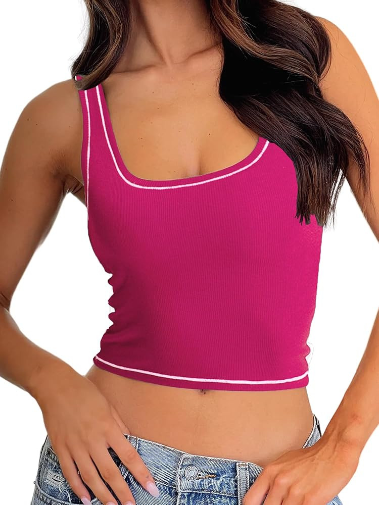 Danysu Women Rib Tank Top Padded Workout Top Square Neck Crop Tank Fitted Basic Cami Tops | Amazon (US)