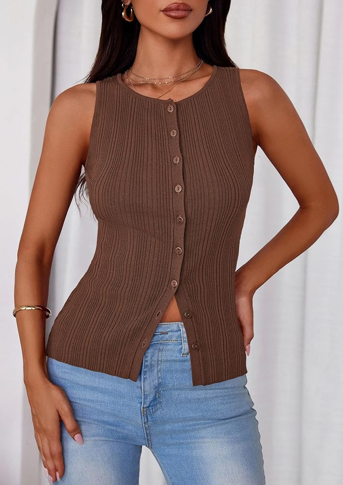 PRETTYGARDEN Sleeveless Button Down Shirts for Women Summer 2026 Going Out Ribbed Knit Tank Tops ... | Amazon (US)