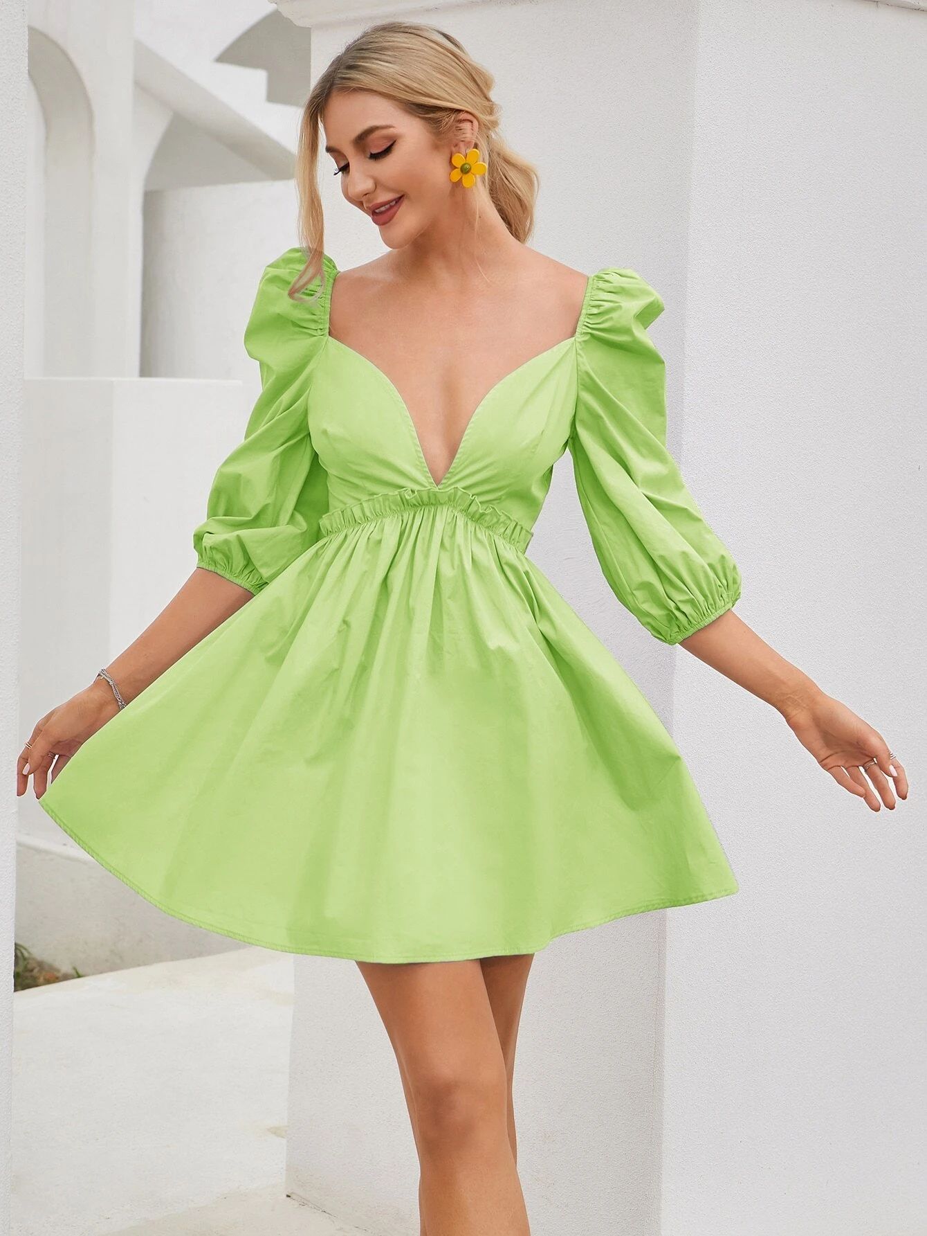 Double Crazy Plunging Neck Lantern Sleeve Frill Dress | SHEIN