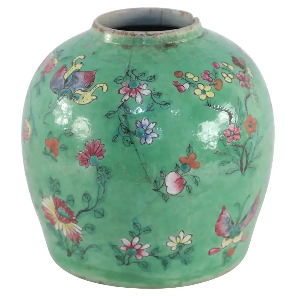 Chinese Green and Floral Porcelain Watermelon Jar | 1stDibs