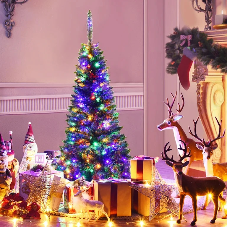 Costway 4.5ft Pre-Lit Hinged Fir Pencil Christmas Tree 150 Multicolor Light | Walmart (US)