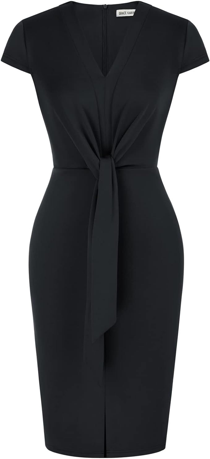 GRACE KARIN Women's Summer Midi Dresses Cap Sleeve Tie Waist Work Dress Slit V-Neck Bodycon Dress... | Amazon (US)
