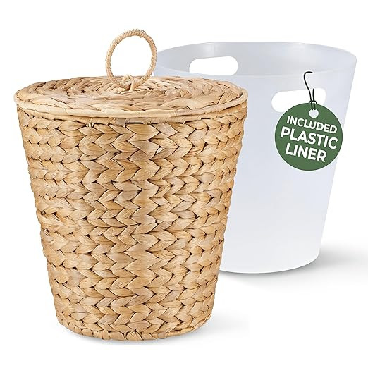 3 Gallon Wicker Trash Can with Lid and Liner - Rattan Trash Can - Wicker Waste Basket for Bathroo... | Amazon (US)
