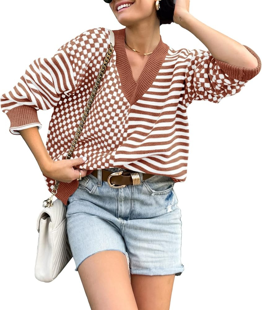Saodimallsu Womens Checkered Striped Sweater V Neck Long Sleeve 2024 Fall Trendy Loose Knit Cozy ... | Amazon (US)