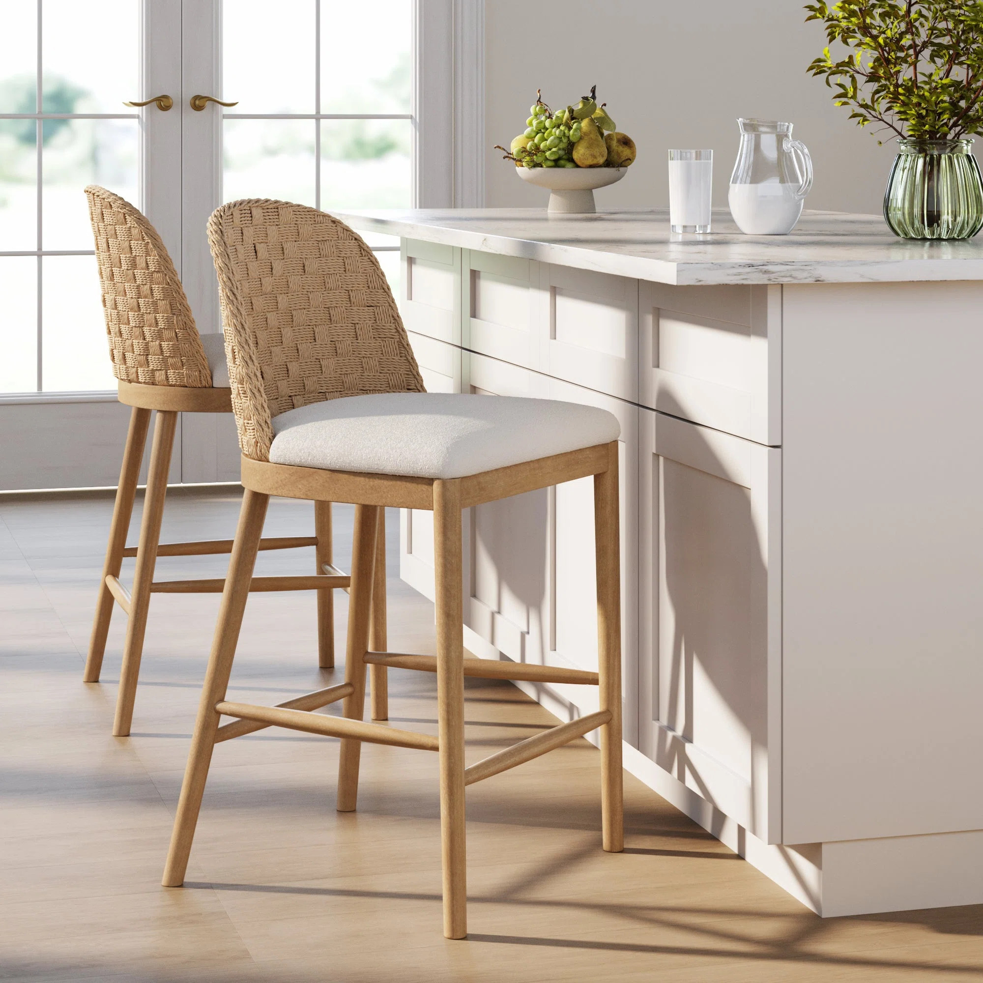 Boucle Counter Stool With Upholstered Seat And Woven Seagrass Backrest | Wayfair North America