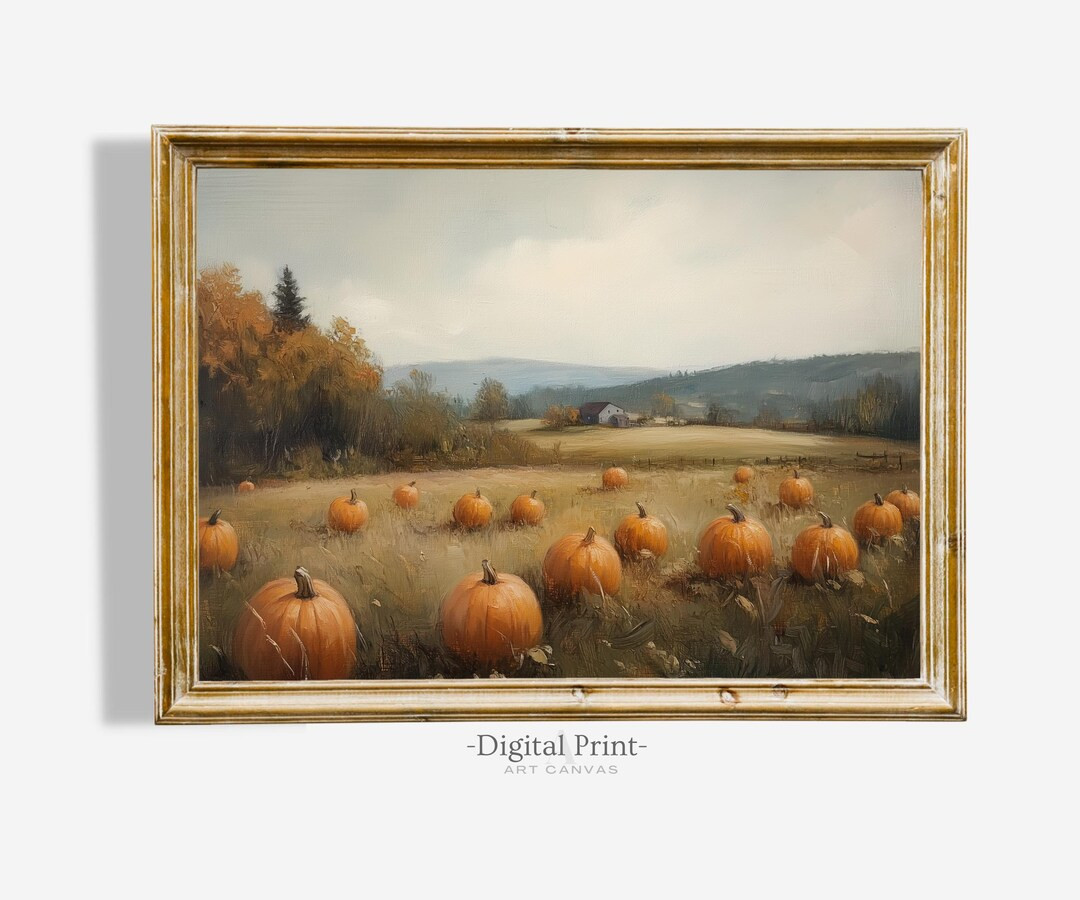 Printable Rustic Fall Decor Painting I Vintage Pumpkin Field Print I Moody Fall Painting I Digita... | Etsy (US)