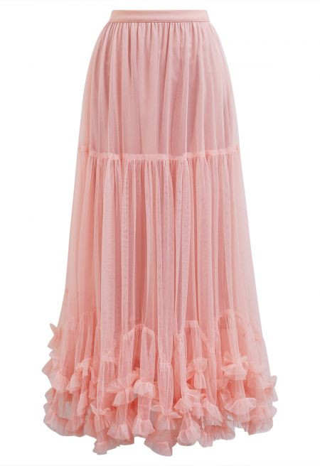 Ruffle Hem Double-Layered Mesh Maxi Skirt in Pink | Chicwish