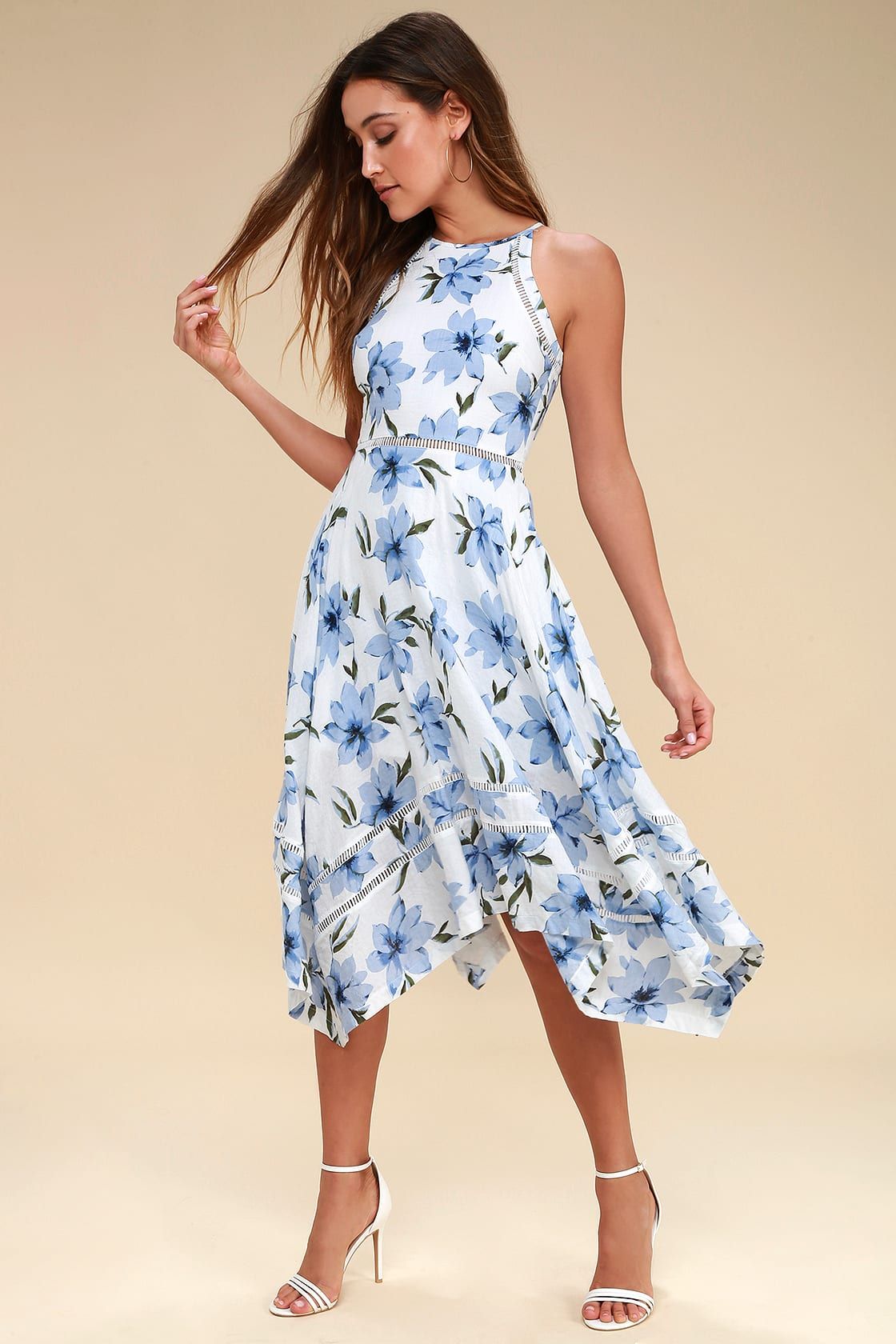 Zahara Blue and White Floral Print Midi Dress | Lulus (US)