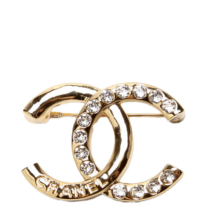 CC Logo Metal/Rhinestone Brooch 2024 Gold | Keeks Designer Handbags