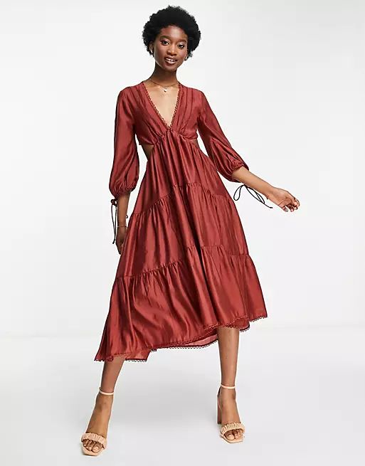 ASOS DESIGN tiered voile midi dress with lace trim in red | ASOS | ASOS (Global)