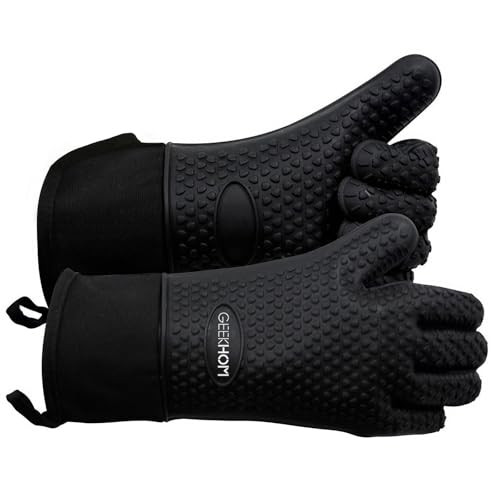 GEEKHOM Silicone BBQ Gloves X-Large, Heat Resistant Kitchen Oven Mitts, Waterproof Oven Gloves, BBQ Grill Accessories for Baking, Fryer, Smoker, Weber, Pizza, Microwave, Non-Slip Oil Resistant, Black | Amazon (US)