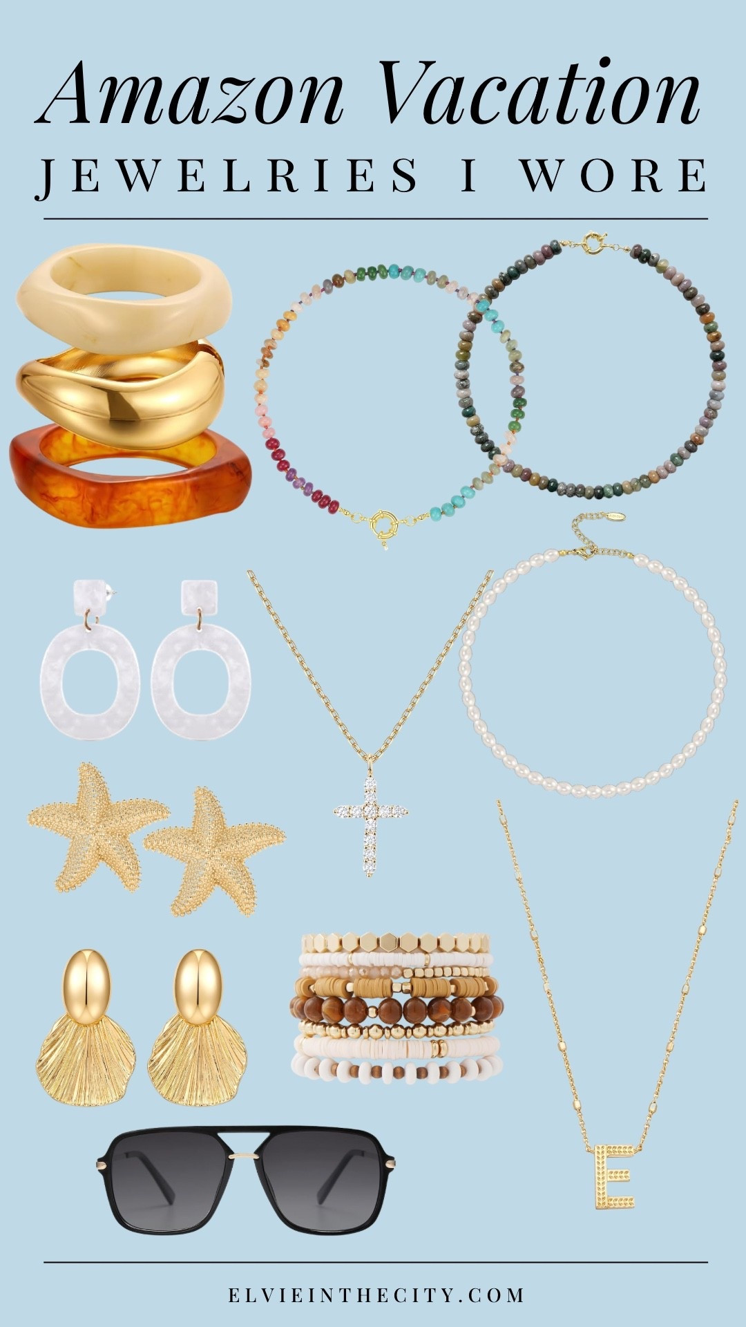 Here’s a collection of the jewelry I wore on vacation, and everything is from Amazon. Picks include a chunky bracelet stack, beaded chokers, white boho statement earrings, gold starfish earrings, gold shell earrings, a cubic zirconia cross necklace, an initial necklace, a beaded bracelet stack, and black sunglasses.

Fashion over 40, over 50 style, cruise outfit idea, vacation outfit, resort wear, amazon fashion, affordable fashion

#LTKTravel #LTKOver40