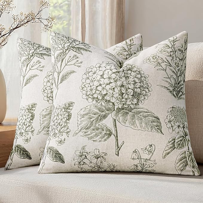 Set of 2 Decorative Floral Neutral Pillow Covers 18x18 Inch Light Green Hydrangea Print Outdoor B... | Amazon (US)