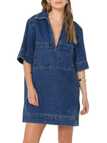 Fisoew Womens Denim Shirt Dress Summer Collared V Neck Mini Casual Jean Dresses with Pockets Blue | Amazon (US)