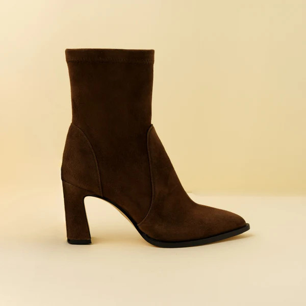 Chocolate Brown Suede Bold Block Sock Bootie | ALLY Shoes