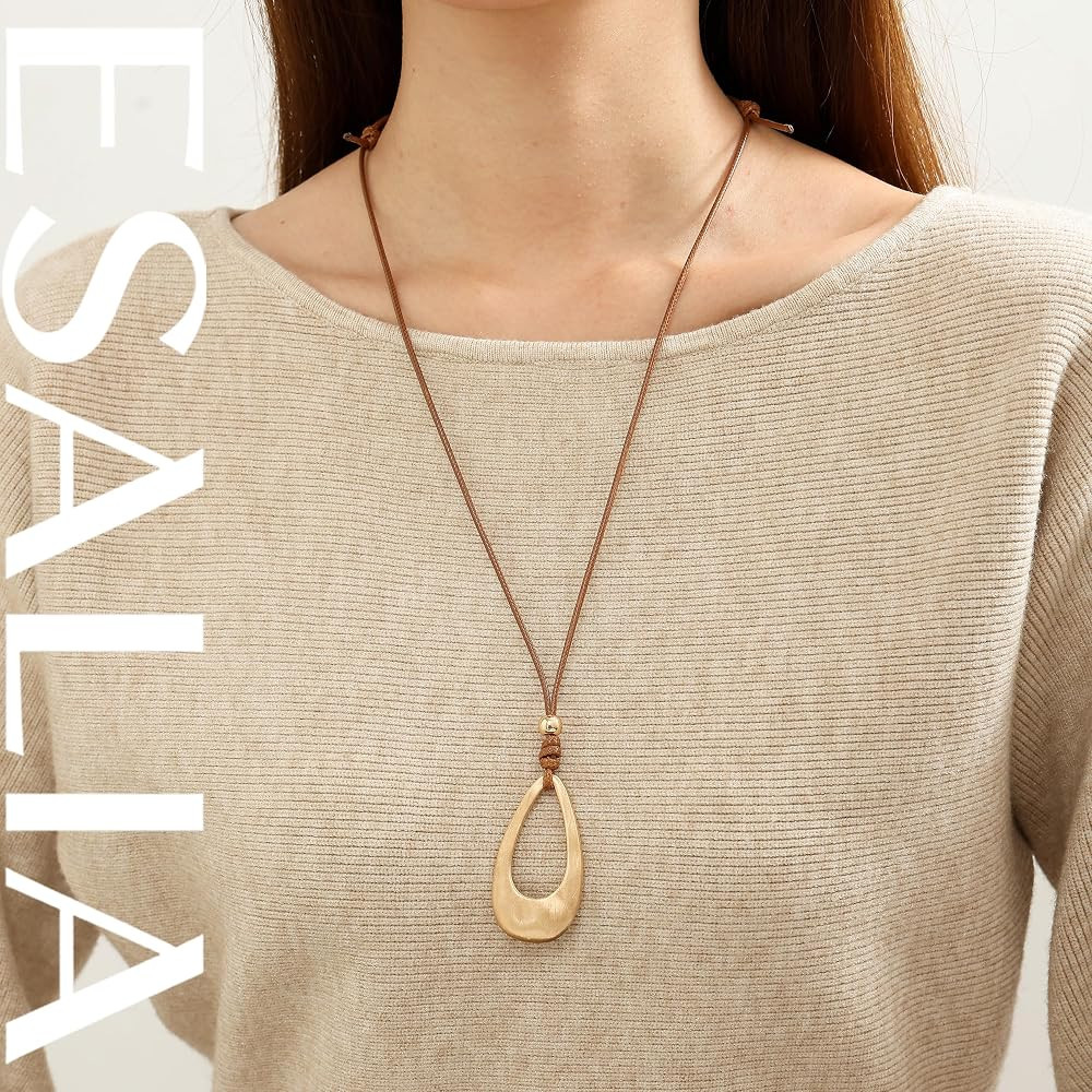 Brushed Gold Plated Classic Teardrop Pendant Long Necklace for Women, Adjustable Length Brown Wax... | Amazon (US)