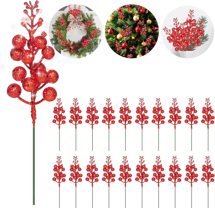 TEAMOLA 20pcs Christmas Glitter Berries Stems,7.8 Inch Red Artificial Holly Picks for Christmas T... | Amazon (US)