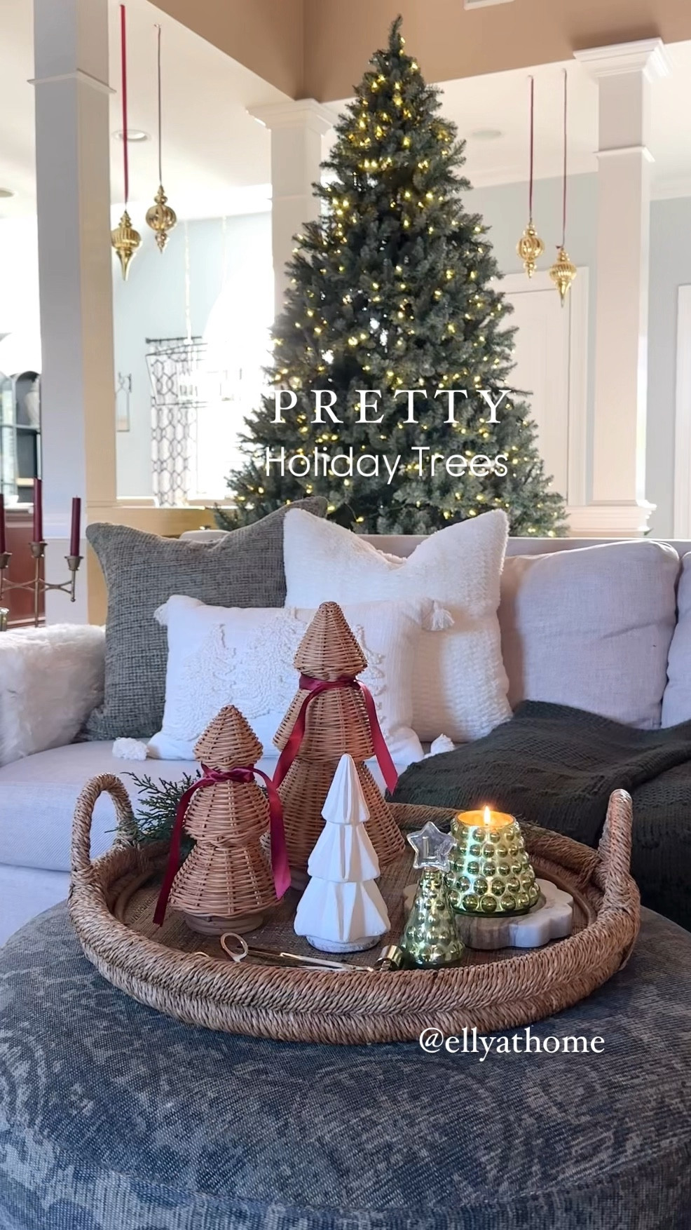 Pretty holiday, Christmas trees and monogram tree candle, makes a nice gift! Add ribbon to rattan, coastal trees! Shop my Christmas tree on sale, throw pillows, throw blankets. 

#LTKHome #LTKHoliday #LTKVideo