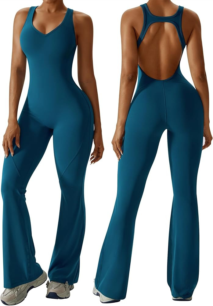 OEAK Womens Flare Jumpsuit with Bra Tummy Control Cutout Romper Workout Outfit Sleeveless Unitard... | Amazon (US)
