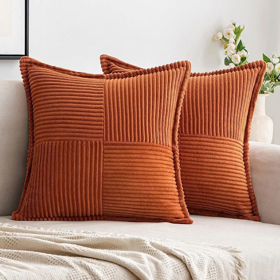 Woaboy Fall Corduroy Pillow Covers 18x18 Inch Rust Set of 2 Super Soft Boho Striped Couch Covers ... | Amazon (US)