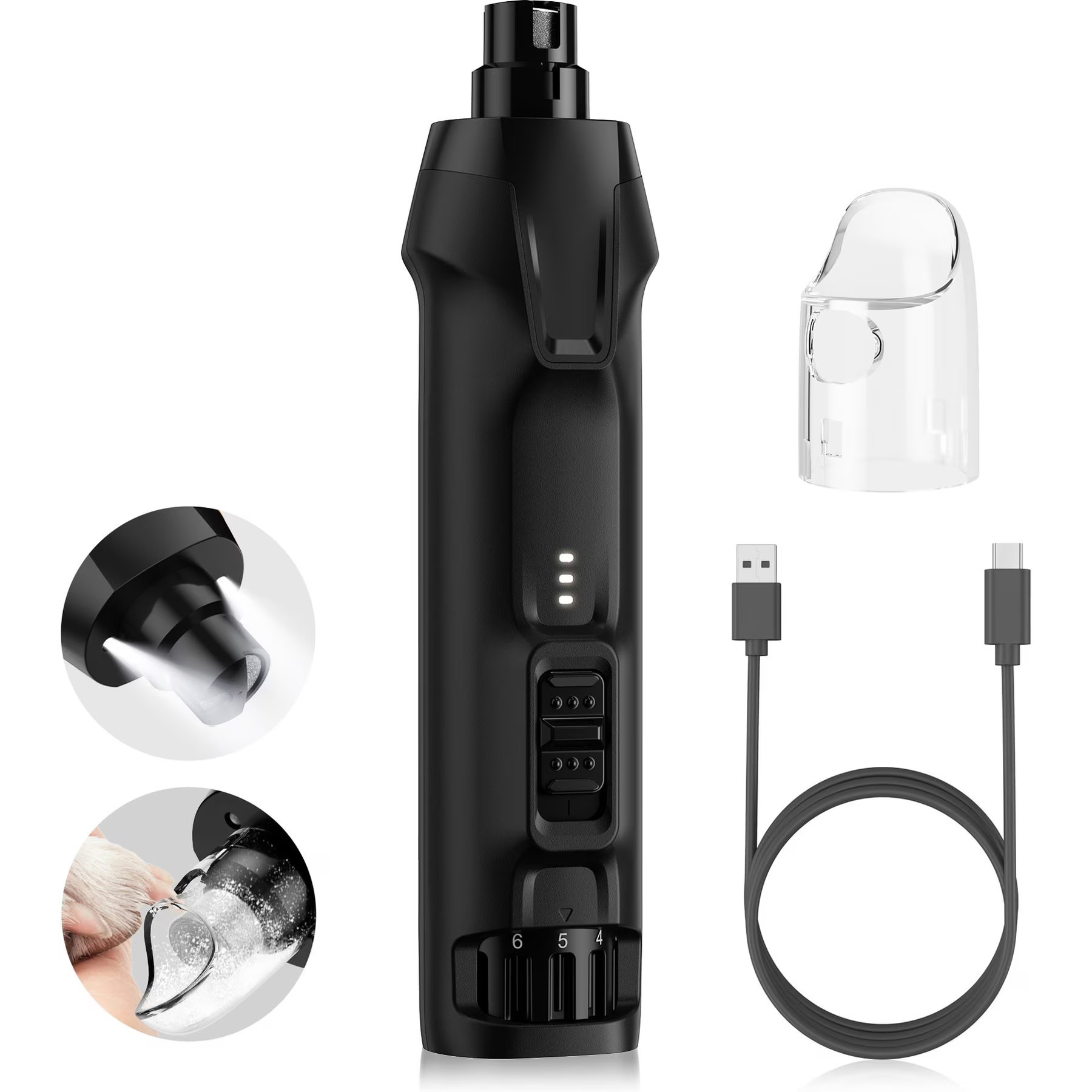 Bousnic Whisper Quiet 6-Speed Nail Grinder for Dogs & Cats with 2 LED Light, Black | Chewy