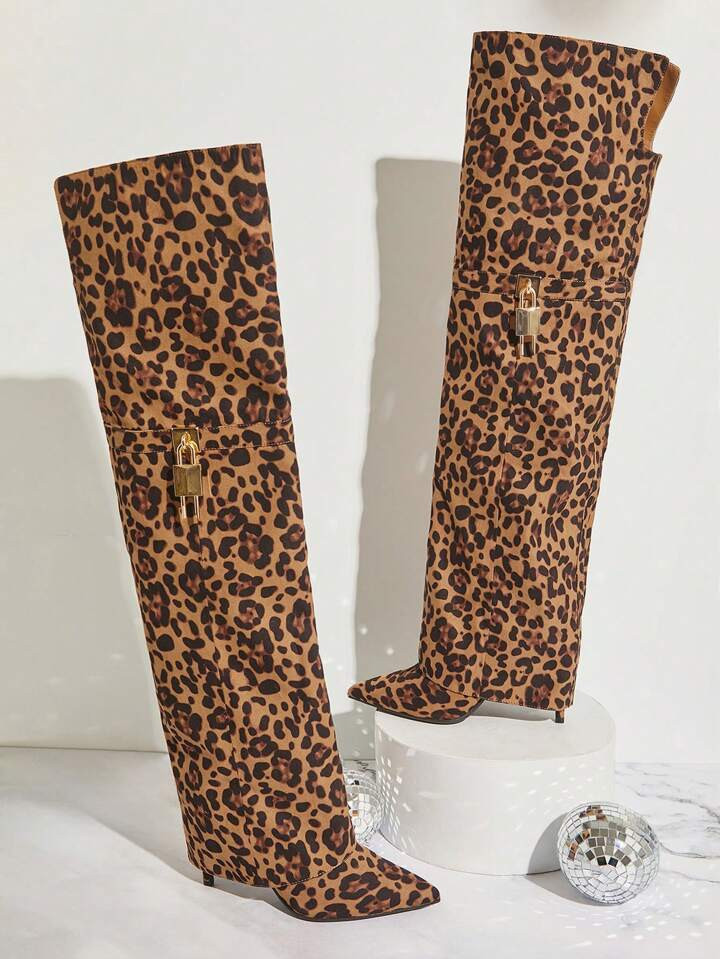 SHUZIA Women's Stylish Sleek Design Leopard Folded Over Tall Boot With Strap And Ornament Summer Shoes Spring Shoes Spring Break Easter | SHEIN