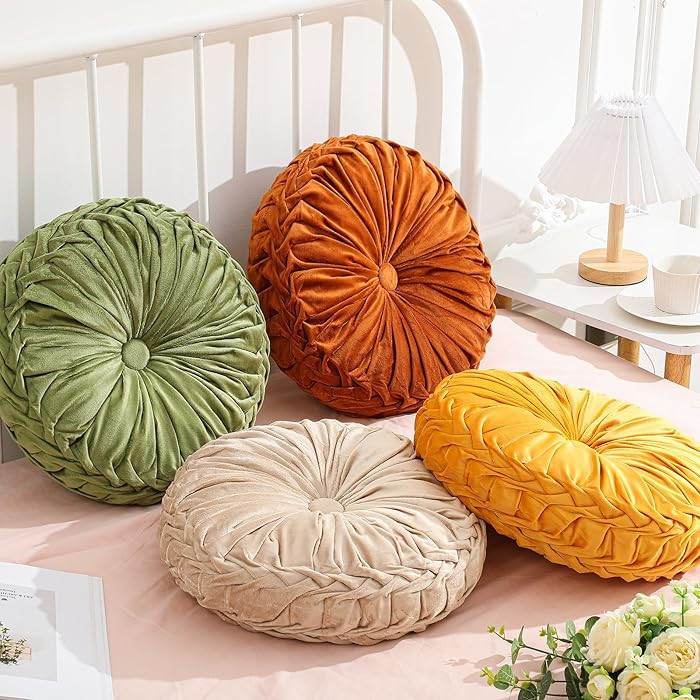 4 Pcs Round Throw Pillows Decorative Velvet Pleated Throw Pillows 15'' Diameter Accent Pumpkin Bo... | Amazon (US)