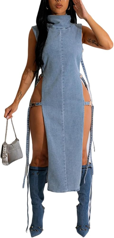 Women Distressed Boyfriend Denim Dress Casual Sleeveless Jean Dress Cute Cowgirl Summer Outfits | Amazon (US)