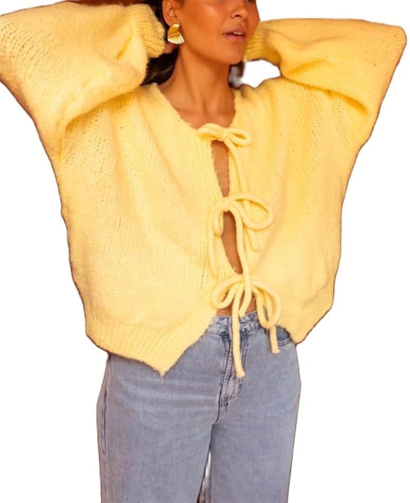 Women Y2k Tie Front Knitted Cardigan Sweater Long Sleeve Open Front Oversized Cardigan Knitwear T... | Amazon (US)